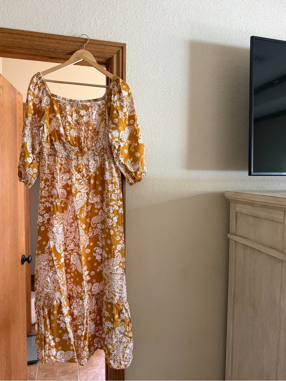 LOFT Mustard Paisley Midi Dress with Puff Sleeves